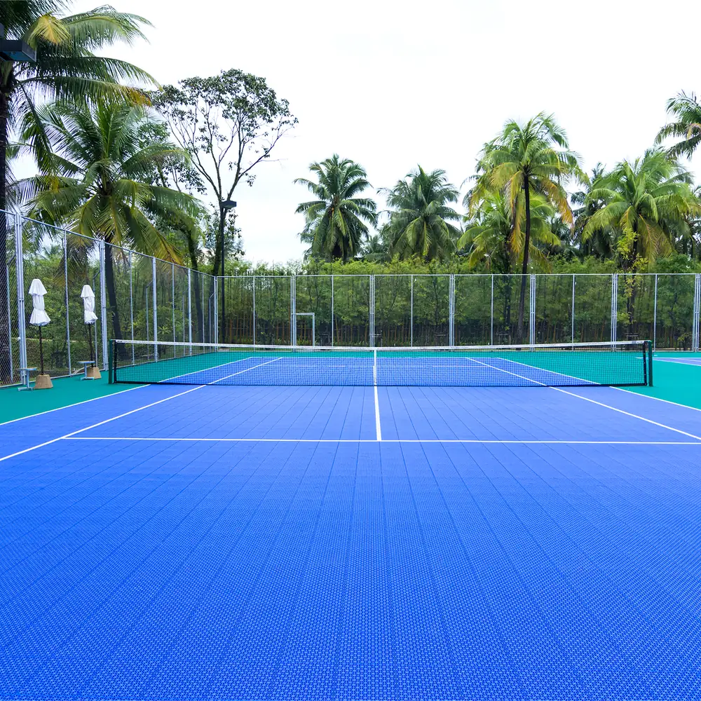 Blue and green outdoor pickleball court with white boundary lines