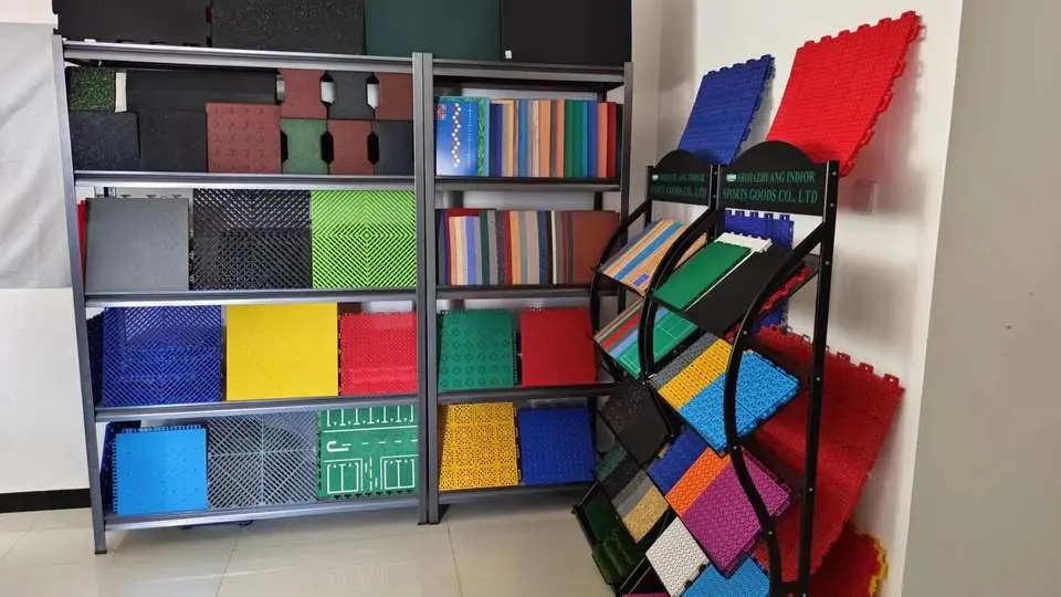Display of modular floor tile colors and surface patterns